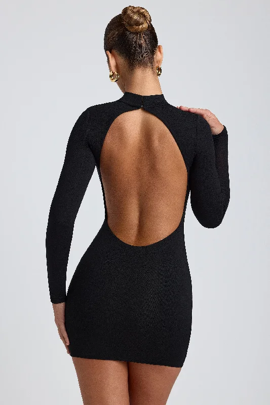 Modal Open-Back Long-Sleeve Mini Dress in Black Cozy Cotton Mini Dress