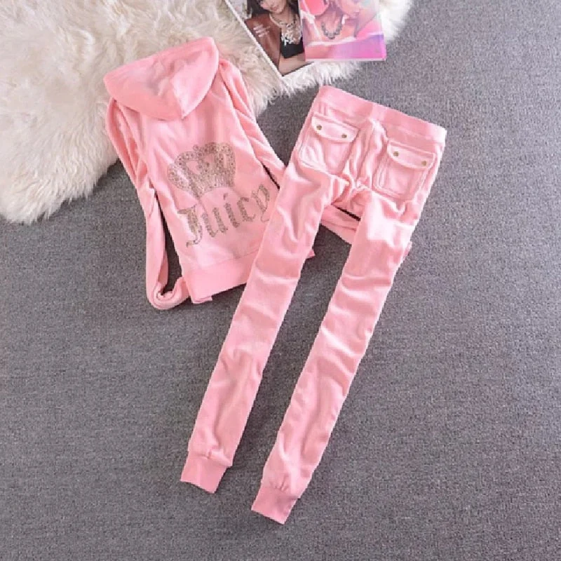 2023 Women's Elegant Velvet Tracksuit Two Piece Set Women Sexy Hooded Long Sleeve Top And Pants Bodysuit Suit Hoodie with Metallic Shiny Futuristic