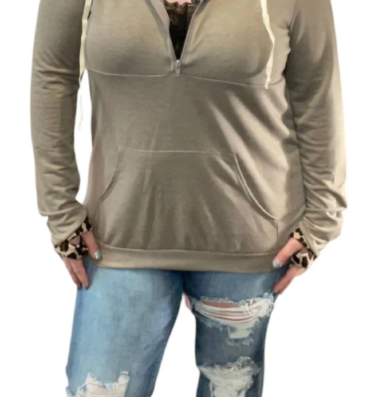 Animal Print Kangaroo Pocket Hoodie In Olive Hoodie with Tied Waist Feminine Flattering