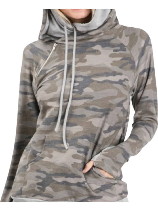 Camo Side Zipper Hoodie In Camo Print Zip Hoodie Drawstring Kangaroo Pocket