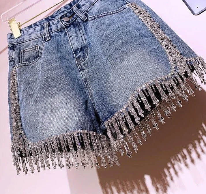 Diamond Tassel Jean Shorts Fashionable Frayed Hem Denim