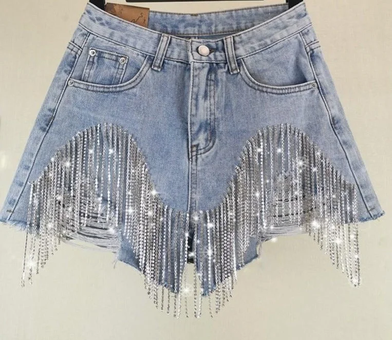 Diamond Tassels Ripped Jean Shorts Casual Loose Fit Jeans