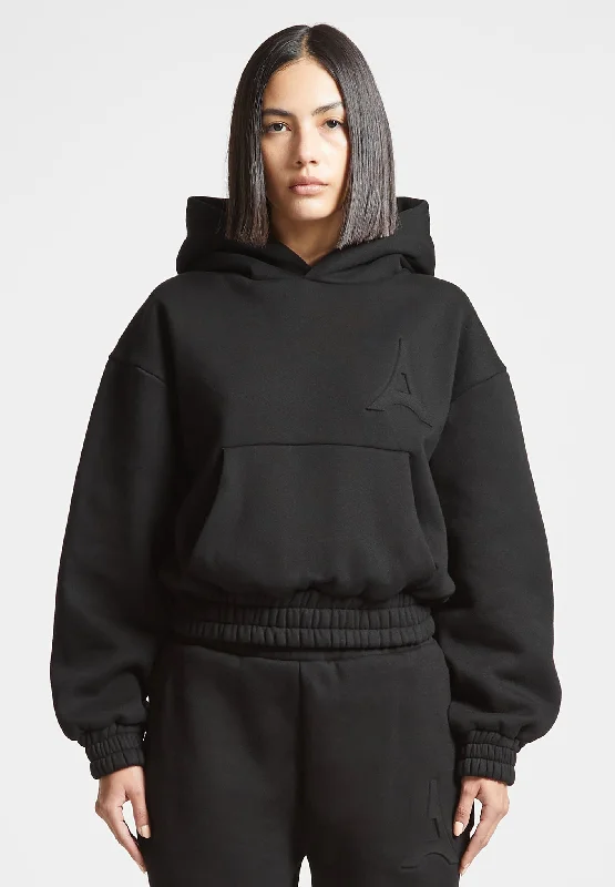 Éternelle Eiffel Embossed Hoodie - Black Hoodie with Tied Waist Feminine Flattering