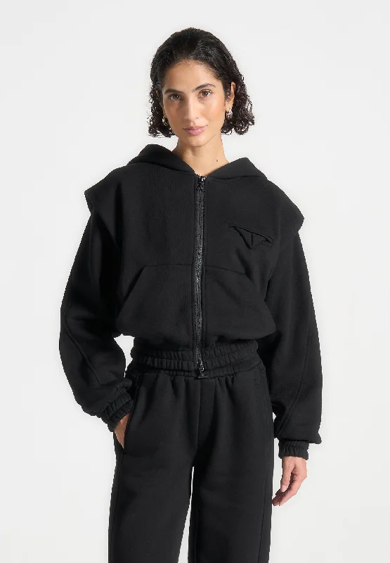 Éternelle Wide Shoulder Zip Through Hoodie - Black Hoodie with Elastic Cuffs Stretchable Comfortable