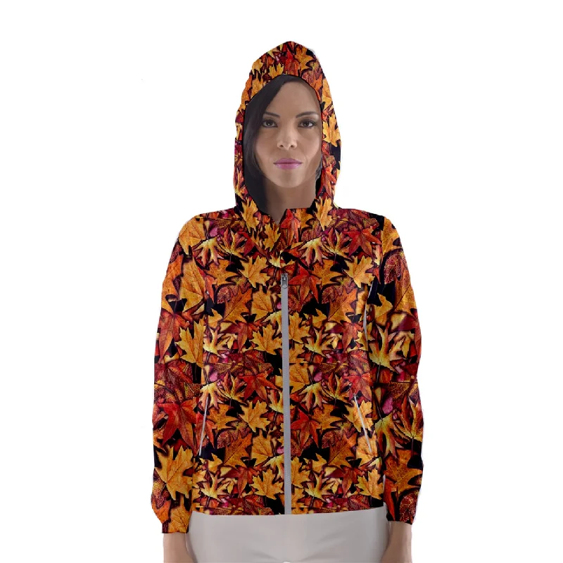 Fall Leaves Pattern Women's Hooded Windbreaker Hoodie with Strings Custom Fit Adjustable