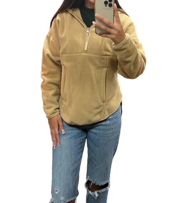 Grace Yoga Hoodie In Tan Hoodie with Half-Zip Sporty Casual