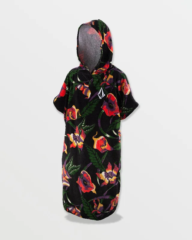 Hooded Changing Towel - Black Floral Print Hoodie with Front Slit Layering Stylish