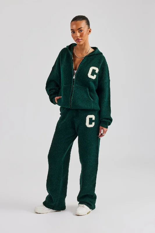 Hooded Zip Through Knitted Tracksuit - Bottle Green Hoodie with Zipper Placket Modern Functional