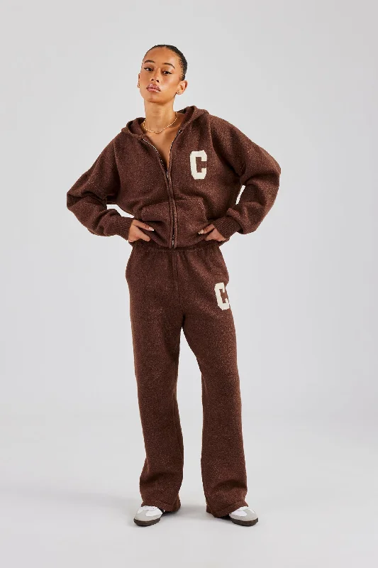 Hooded Zip Through Knitted Tracksuit - Chocolate Hoodie with V-Neck Classic Versatile