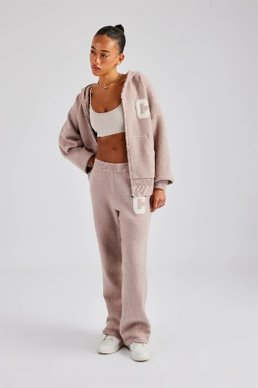 Hooded Zip Through Knitted Tracksuit - Pink Cotton Hoodie Fleece Lining Warmth