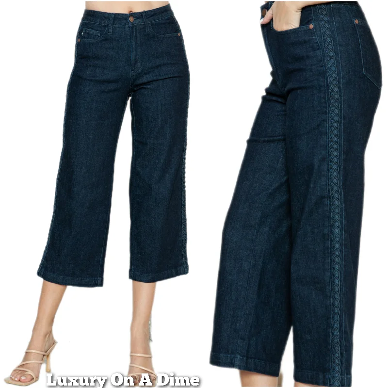 Judy Blue Braided High-Rise Wide Leg Cropped Hem Relaxed Boyfriend Denim Jean Pants Chic Faded Blue Jeans