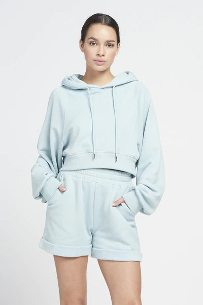 Katie cotton blend cropped hoodie - Ice Blue Hoodie with Illustration Artistic Creative