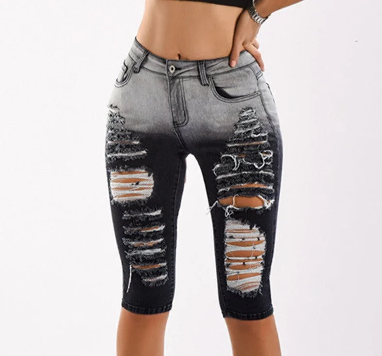 Knee Length Ripped Moto Jean Shorts Stylish Stone-Wash Denim Jeans