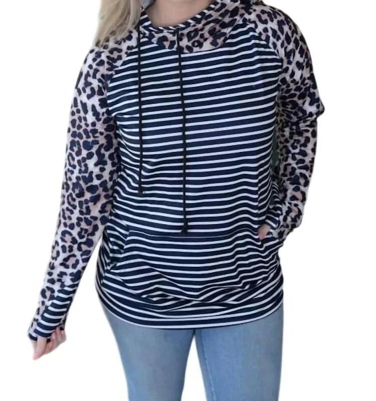 Leopard & Striped Double Hoodie In Blue/white Hoodie with Drawstring Waist Adjustable Fitted