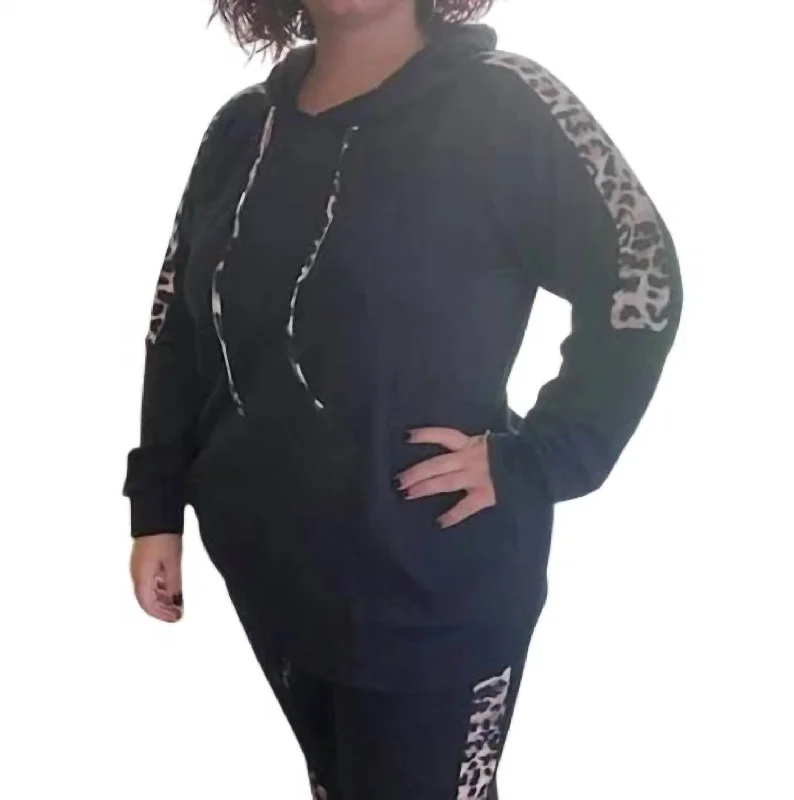 Leopard Trimmed Hoodie In Black Hoodie with Hem Detail Decorative Unique