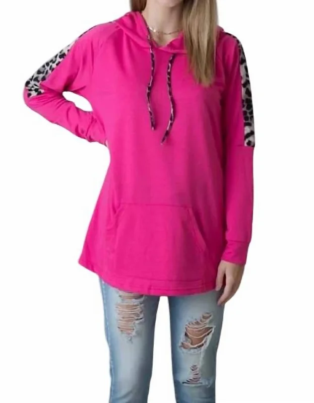 Leopard Trimmed Hoodie In Pink Hoodie with Hem Raw Edge Edgy Unfinished