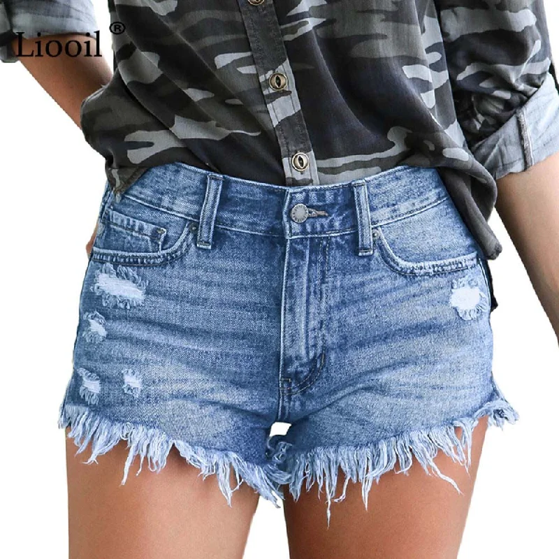 Liooil Black Plus Size Shorts Women Casual 2019 Mid Waist Cotton Sexy Rave Jean Short Fashion Button Pockets Tassel Denim Shorts Comfortable Dark Wash Jeans