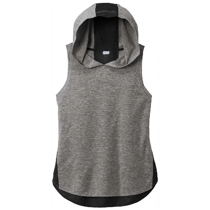 Sport-Tek Women's Black/Dark Grey Heather PosiCharge Tri-Blend Wicking Draft Hoodie Tank Hoodie with Contrast Stitching Detailed Premium