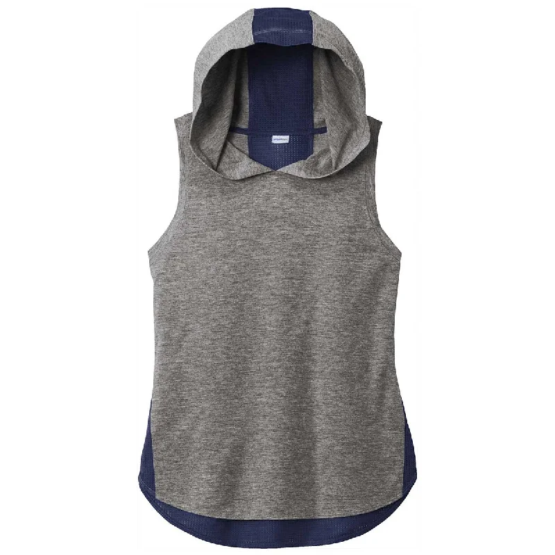 Sport-Tek Women's True Navy/Dark Grey Heather PosiCharge Tri-Blend Wicking Draft Hoodie Tank Hoodie with Neon Bright Vibrant