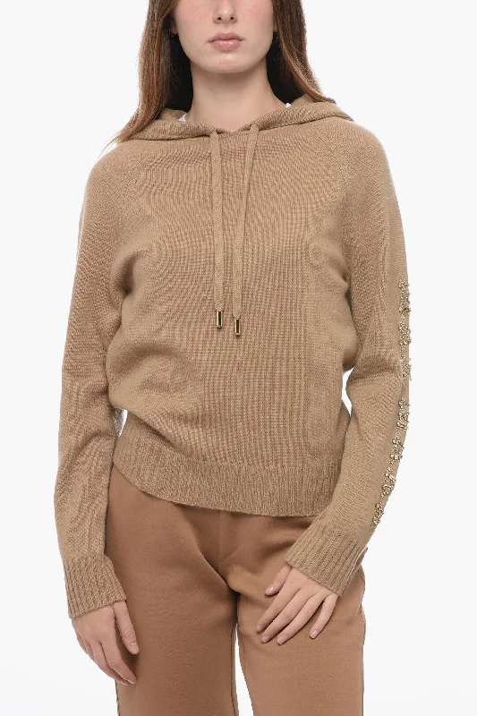 Max Mara Knitted Hoodie with Rhinestoned Logo Hoodie with Fur Luxurious Winter