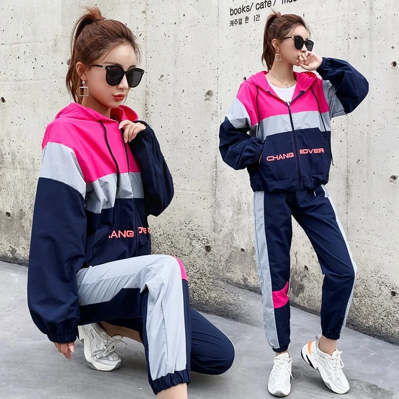 New Hooded sportswear two piece sets womens outfits 3 color patchwork vogue female Pants suit clothes Casual sweatsuit 2019 Hoodie with Ribbed Cuffs Snug Fit Comfort