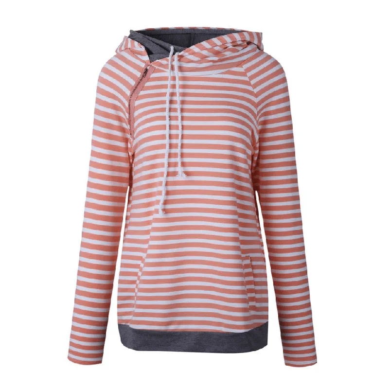 Pink Stripe Light Womens Hoodie Hoodie with Puffed Sleeves Voluminous Trendy