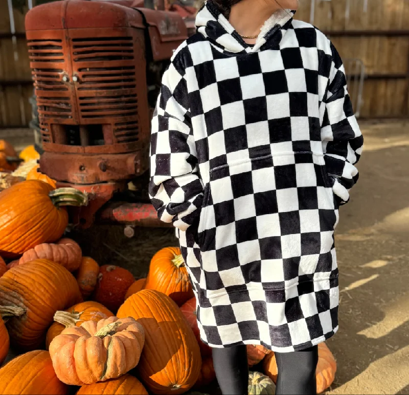 Checkered Oversized Sherpa Hooded Blanket (Adult) Hoodie with Batwing Sleeves Loose Dramatic