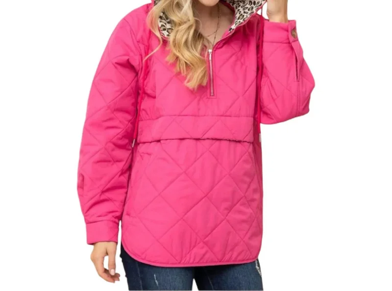 Quilted Half Zip Up Leopard Detailed Hoodie In Fuchsia Hoodie with Emblem Brand Identity