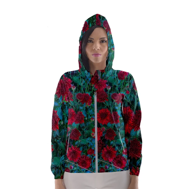 Red Mums Women's Hooded Windbreaker Hoodie with Hem Embroidery Detailed Premium