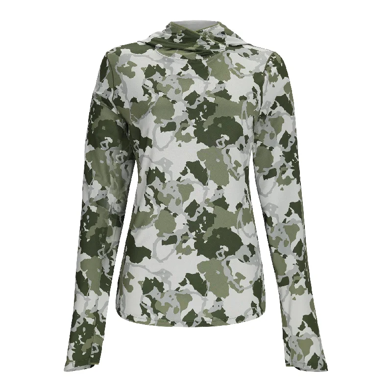 Simms Womens SolarFlex UPF50 Hoody | Regiment Camo Clover Hoodie with Slit Hem Functional Movement