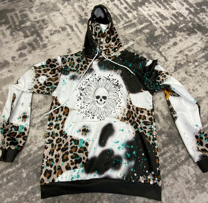 Skull Sunflower Splatter - Cheetah- Cow Print-Teal Sunflower Cross Bleach Printed Hoodie Hoodie with Color Block Contrast Stylish