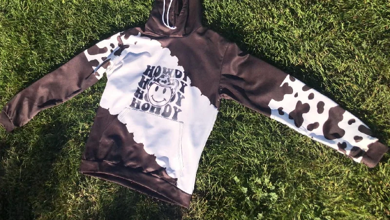 Smiley Howdy-Black and White- Cow Print Hoodie Size L Hoodie with Applique Textured Unique