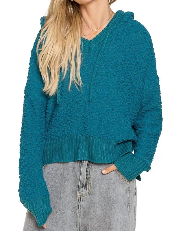 Texured Knit Hoodie In Teal Hoodie with Hem Drawcord Adjustable Customizable