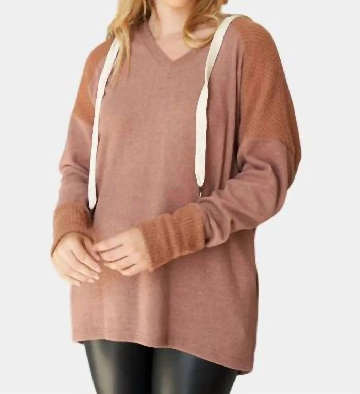 Two Tone Fuzzy Hoodie In Bronze Hoodie with Side Slits Relaxed Casual