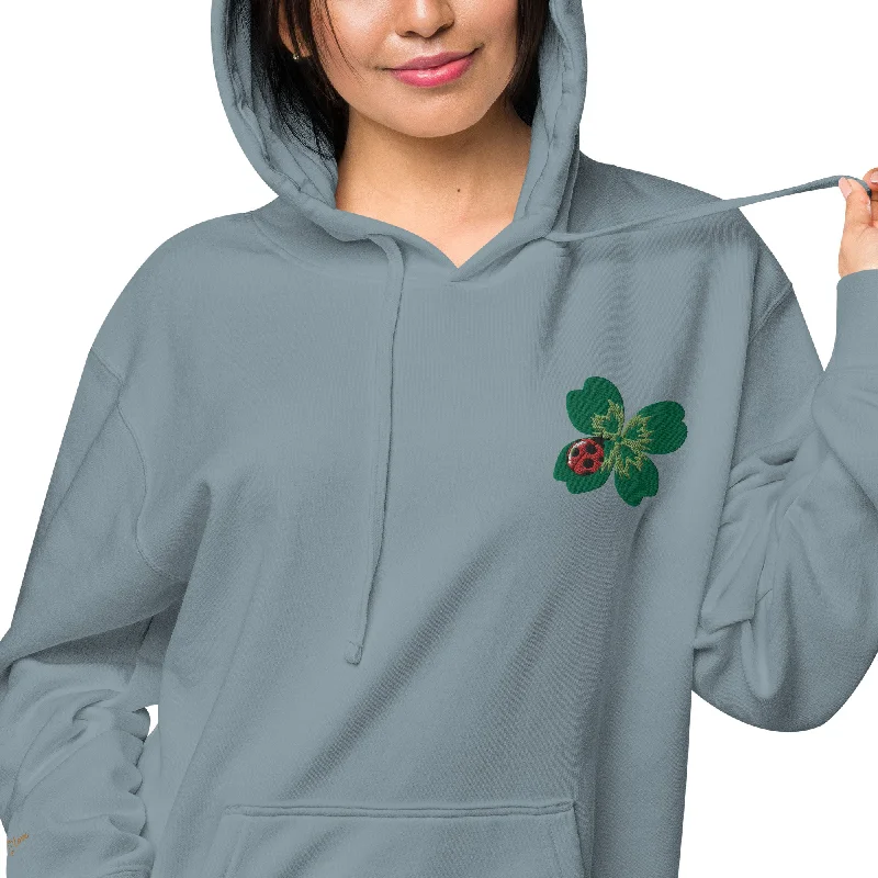 Ladybug Floral Embroidered Design Unisex Pigment-Dyed Hoodie Hoodie with Lining Warm Insulated