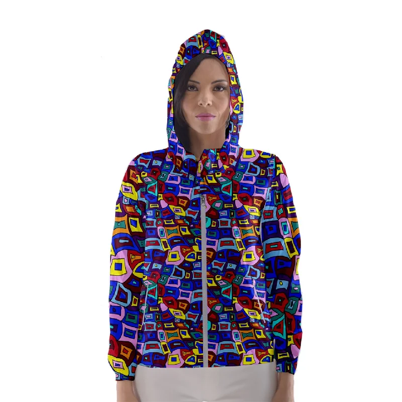 Wavy Square Pattern Women's Hooded Windbreaker Hoodie with Hem Raw Edge Edgy Unfinished