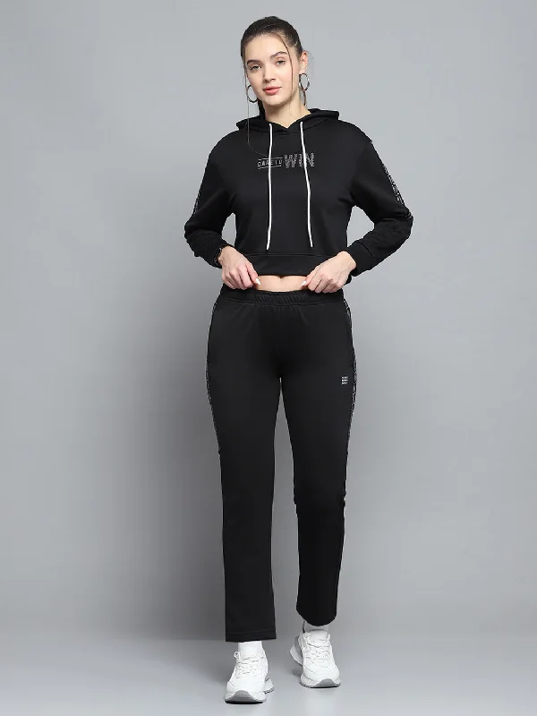 Women Black Printed Hooded Full Sleeve Tracksuit Hoodie with Button Classic Timeless