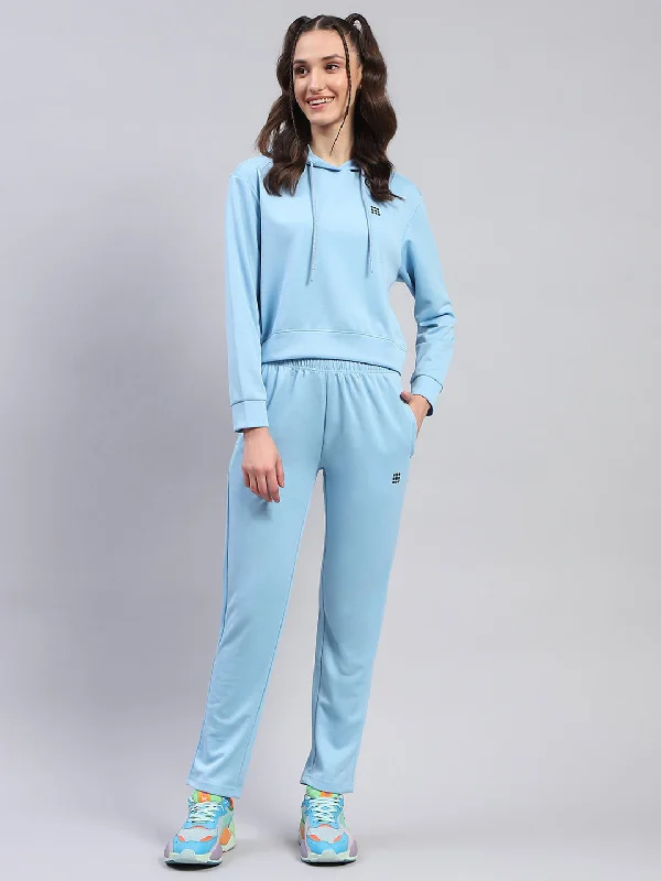 Women Blue Solid Hooded Full Sleeve Tracksuit Hoodie with Elastic Waist Stretchable Comfortable