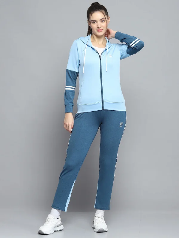 Women Blue Solid Hooded Full Sleeve Tracksuit Hoodie with Slit Hem Functional Movement