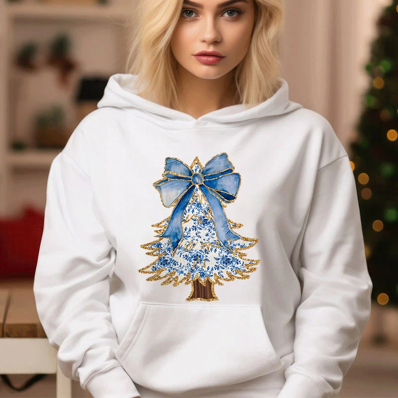 Women Christmas Tree Print Hoodie Hoodie with Front Slit Layering Stylish