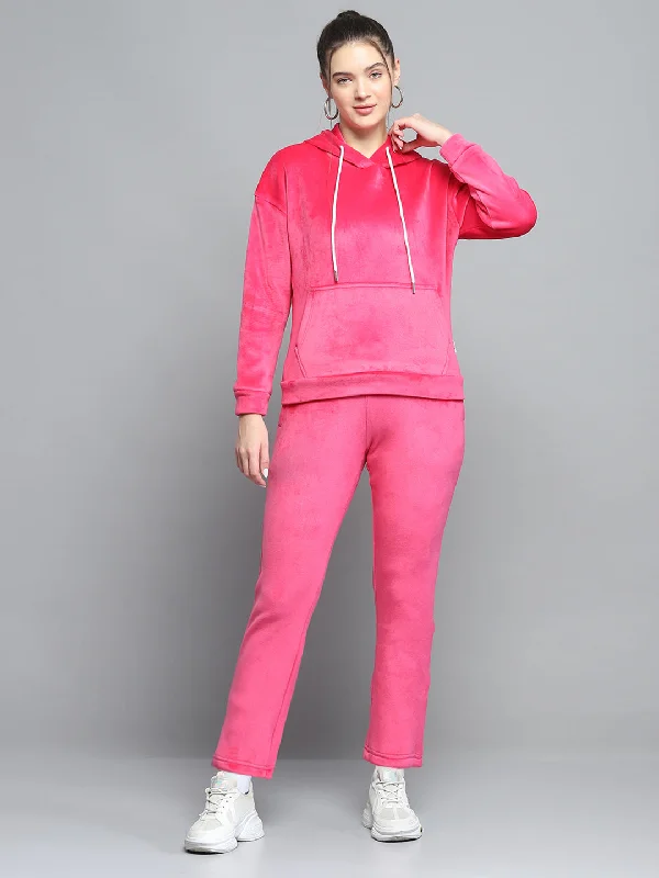 Women Pink Solid Hooded Full Sleeve Tracksuit Hoodie Sweatshirt Pullover