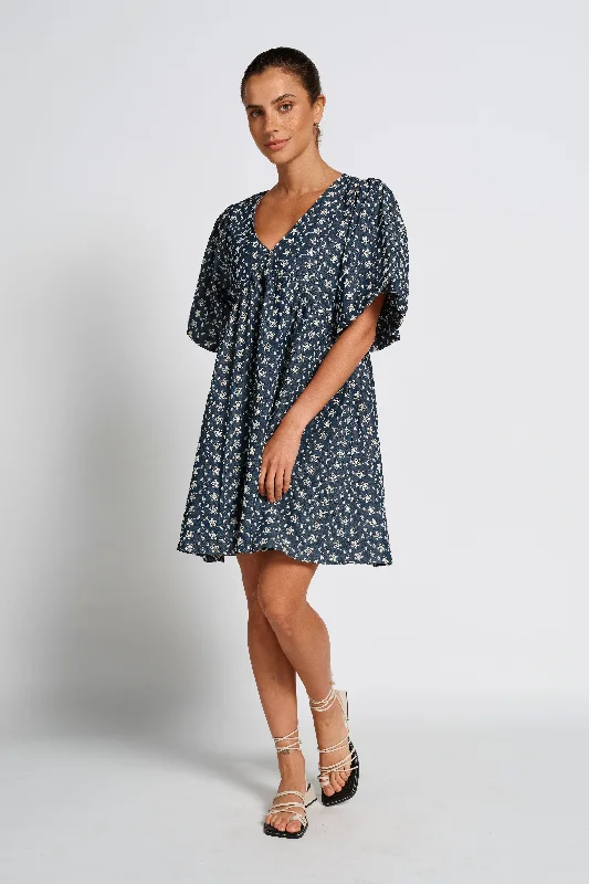 Arizona Babydoll Mini Dress - Indigo / Cream Fashionable Off-Shoulder Mini Dress