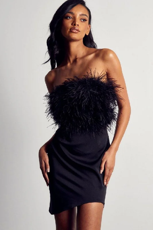 Asymmetrical Faux Feather Trim Cutout Back Strapless Party Mini Dress - Black Elegant Lace Mini Dress Asymmetrical Faux Feather Trim Cutout Back Strapless Party Mini Dress - Black Elegant Lace Mini Dress