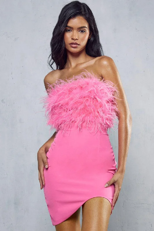 Asymmetrical Faux Feather Trim Cutout Back Strapless Party Mini Dress - Rose Trendy Camisole Mini Dress Asymmetrical Faux Feather Trim Cutout Back Strapless Party Mini Dress - Rose Trendy Camisole Mini Dress