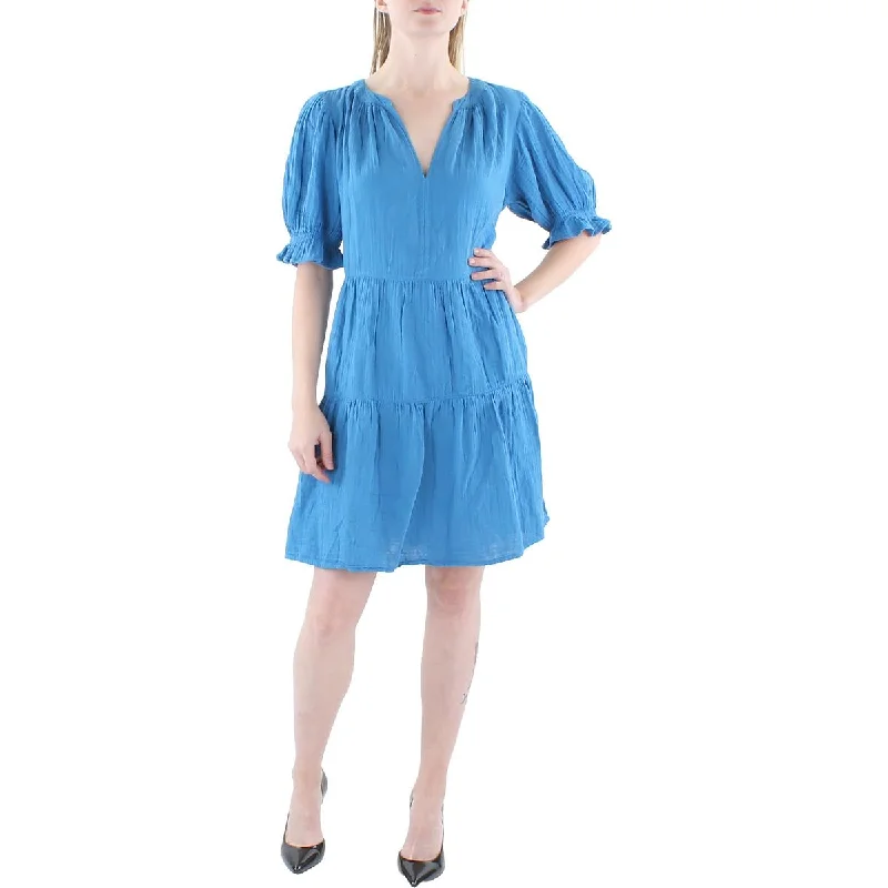 Womens Split Neck Short Mini Dress Trendy Button-Detail Mini Dress