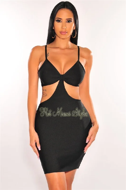 Black Bandage Spaghetti Straps Knotted Cut Out Mini Dress Elegant Lace Mini Dress