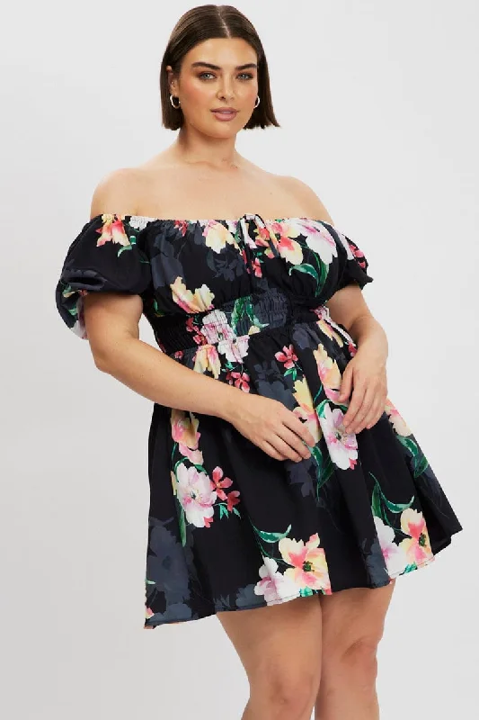Black Floral Peephole Tie Front Mini Dress Classic Shift Mini Dress