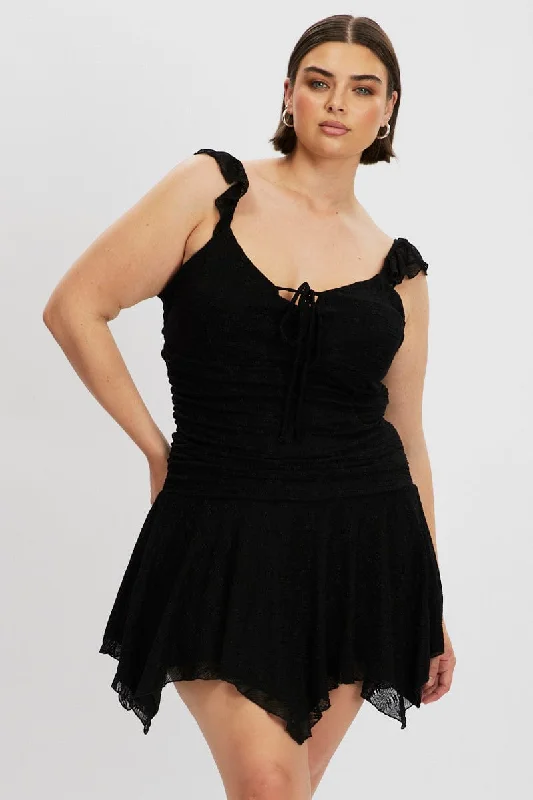 Black Lace Asymmetric Hem Mini Dress Cozy Long Sleeve Mini Dress