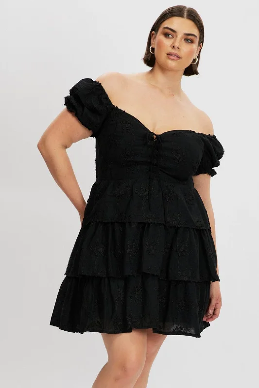 Black Lace Up Front Embossed Cotton Mini Dress Fashionable Pleated Mini Dress