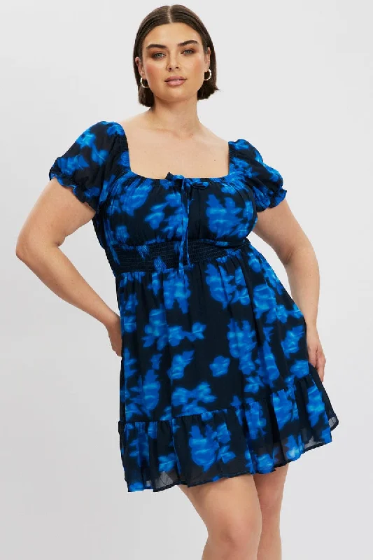 Blue Abstract Bow Front Shirred Waist Mini Dress Stylish Plaid Mini Dress